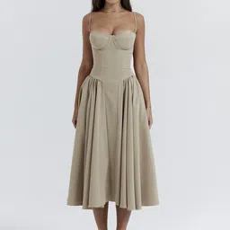 KPOP Women Gathered or Pleated Shoulder Straps Sleeveless Fit & Flare Midi Dress-image-45