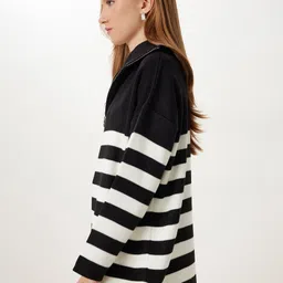 Happiness istanbul Women Shirt Collar Striped Print Half Zipper Pullover image 5