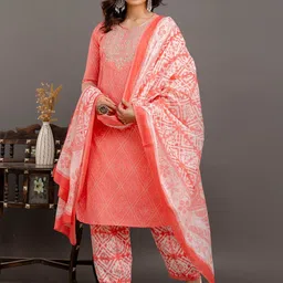 Vnyashri Women Bandhani Embroidered Regular Pure Cotton Kurta with Salwar & With Dupatta image 5