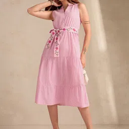 Outzidr Striped Mandarin Collar Tiered Belted Cotton Fit & Flare Midi Dress-image-10
