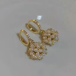 PolluxCraft Korean Gold-Plated Stones Studded & Pearls Beaded Contemporary Hoop Earrings-picture-12