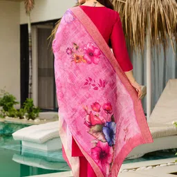 Brand Hill Floral Embroidered Thread Work Straight Kurta With Trousers & Dupatta image 2