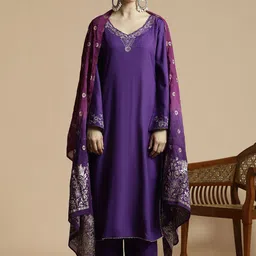Anouk Purple Embroidered V-Neck Flared Sleeves Straight Kurta with Trousers & Dupatta-picture-38