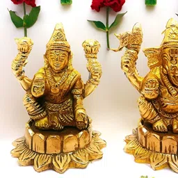 Nyra Kitchenware Brass Laxmi Ganesha Idol Sitting Lakshmi Ganesh Murti Peetal Statue-picture-25