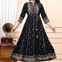 RAABA Floral Printed Mandarin Collar Mirror Work Fit And Flare Ethnic Dress-picture-22