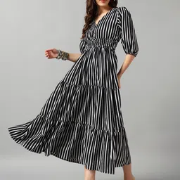 Krunal Raiyani Women Striped V-Neck Flared Fit and Flare Dress-image-48