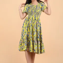 YK Girls Floral Printed Puff Sleeve Fit & Flare Midi Dress-image-93