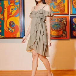 KATLINE Women Ruffled Shoulder Straps Georgette Fit & Flare Mini Dress-picture-11