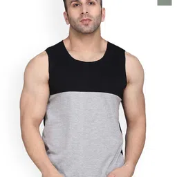 SLOWLORIS Pack Of 2 Colourblocked Round Neck Bio-Wash Cotton Gym Vests-image-40