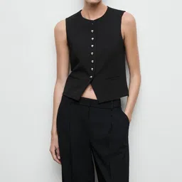 MANGO Solid Round Neck Waistcoat With Front Slit-picture-34
