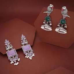 Sangria Set Of 2 Silver-Plated Artificial Stones Studded and Beads Beaded Drop Earrings-picture-24