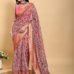 DIVASTRI Floral Printed Zari Pure Linen Banarasi Saree-picture-18