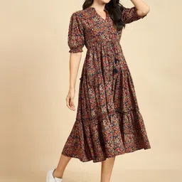 Raiyani Fashion Women Paisley Printed Puff Sleeve Cotton Fit & Flare Midi Dress-image-34
