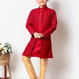HUMAN CHOICE Boys Maroon Dupion Silk Embroidered Kurta & Pyjamas-image-68