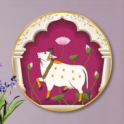 Myntra Elegant Homes White & Pink MDF Kamdhenu Cow Religious Round Wall Art-16 Inch-picture-11
