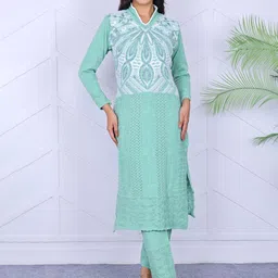 KNITZY Ethnic Motifs Self Design Pure Wool Kurta With Pyjamas image 4