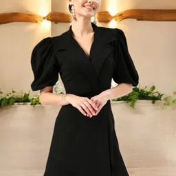 CORSICA Women Solid V-Neck Puff Sleeve Wrap Dress-picture-20