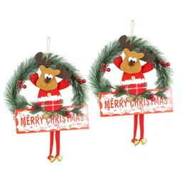 TIED RIBBONS 2-Pcs Red & Green Merry Christmas Reindeer Wall Door Wreath Hanging Ornaments image 4
