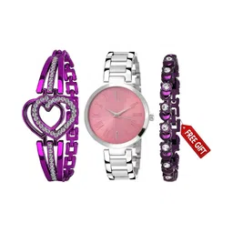 SZN Women Dial & Stainless Steel Straps Analogue Watch Tn Pink&Heart &BraceletPuprle -V-image-11