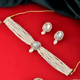 VOJ Kundan Studded & Beaded Choker Jewellery Set-picture-18