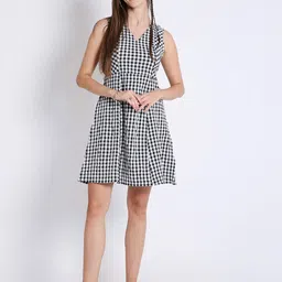 French Theory Women V-Neck Checked Fit & Flare Dress-image-27
