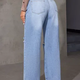 POMPOUS Women Wide Leg High-Rise Slash Knee Light Fade Ripped Regular Jeans image 3