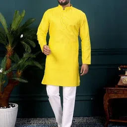 shreeram Men Yellow Straight Cotton Kurtas image 3