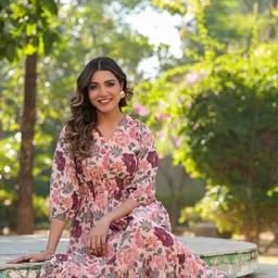 Janasya Floral Print Puff Sleeve Georgette Fit & Flare Midi Dress image 3