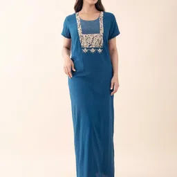 Maybell Women Ethnic Motifs Printed Round Neck Pure Cotton Maxi Nightdress-picture-28