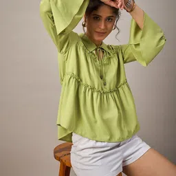 R.Code by The Roadster Life Co. Women Tie-Up Neck Bell Sleeve Ruffled Tiered Top-picture-39