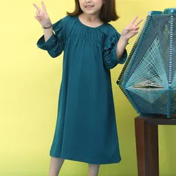 Baawri Girls Teal Round Neck Fit & Flare Cotton Dress-image-38