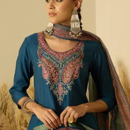 Anouk Women Embroidered Regular Chanderi Silk Straight Kurta with Trousers & Dupatta image 5