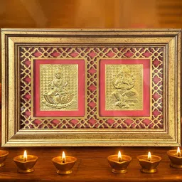 Art Street Gold Toned And Pink Self Design Lakshmi & Ganesh Photo Frame-image-44