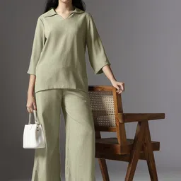 Selvia Edge Shirt Collar Neck Top With Trousers Co-Ords-picture-34
