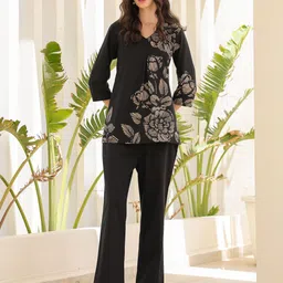 JISORA Women's Black Printed Cotton Top With Trousers Co-Ords-picture-13