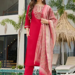 CANIZZARO Women Ethnic Motifs Embroidered Regular Thread Work Kurta with Trousers & With Dupatta image 2
