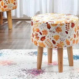 Homeaccex White & Yellow Printed Wooden Round Ottoman-picture-11