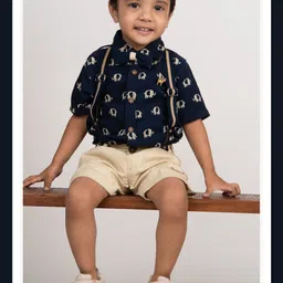 LITTLE COLLARS Boys Printed Polo Collar Long Sleeves Pure Cotton Shirt With Shorts-image-98