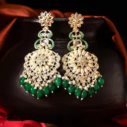 Ishin Geometric Gold-Plated Artificial Studded and Beaded Floral Shaped Drop Earrings image 2