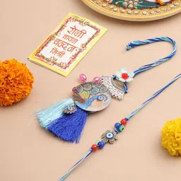 NVR Evil Eye & Peacock Design Artificial Beads Bhaiya Bhabhi Rakhi with Roli Chawal-picture-52