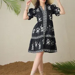 OCTICS Women Floral Embroidered Puff Sleeve Fit & Flare Dress image 1