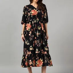 Raiyani Fashion Floral Printed Puff Sleeve V-Neck Fit & Flare Flounce Midi Dress-picture-16
