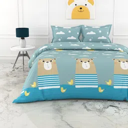 LORETO Blue Cartoon Characters 186 TC King Bedsheet with 2 Pillow Covers-picture-35