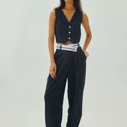 Shop Staple Women Navy Blue V-Neck Cropped Waistcoat-picture-6