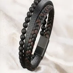 jewelgenics Black-Brown Braided Magnetic Clasp Leather Bracelet For Men image 4