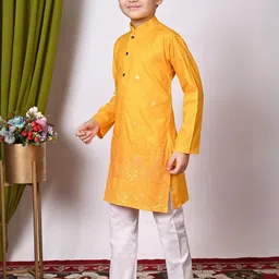 TAKE STYLE Boys Yellow Cotton Blend Embroidered Kurta Sets image 5