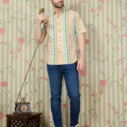 Ode by House of Pataudi Geometric Printed Spread Collar Short Sleeves Casual Cotton Shirt image 2