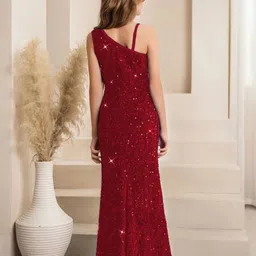 FOLENNE Embellished One Shoulder PU Coated Velvet Maxi Dress image 2