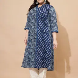 KALINI Plus Size Floral Printed V-Neck Angrakha A-Line Pure Cotton Kurta image 4