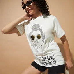 the dry state Women Printed Round Neck Pure Cotton White T-Shirt-picture-37